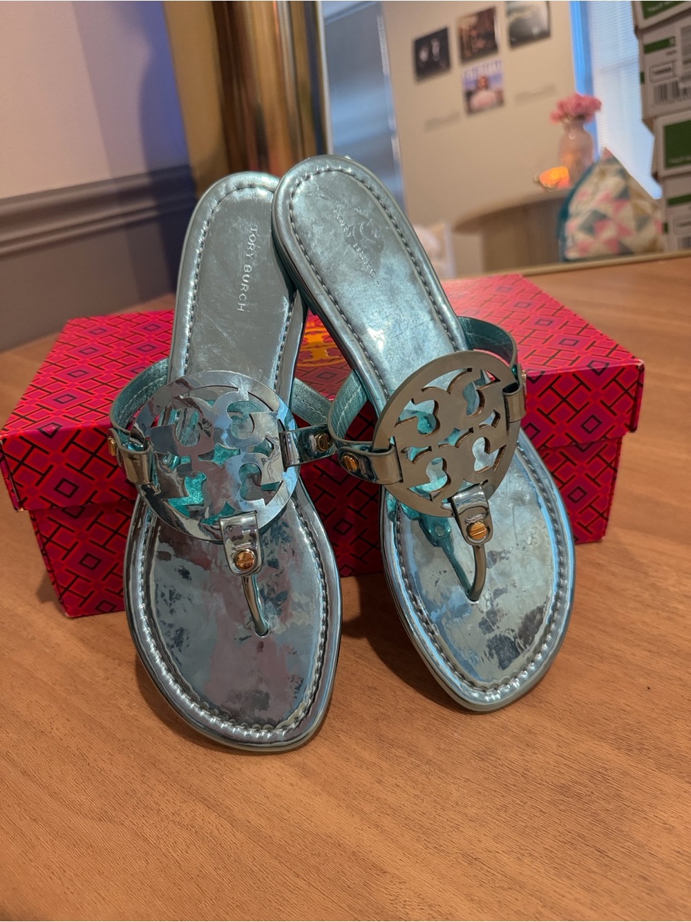 Tory Burch Metallic Teal Logo Thong Sandals